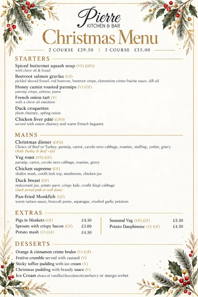Pierre Kitchen & Bar Christmas menu 2026